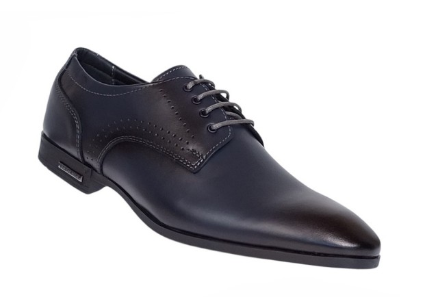 Pantofi barbati bleumarin din piele naturala eleganti cu siret si perforatii decorative